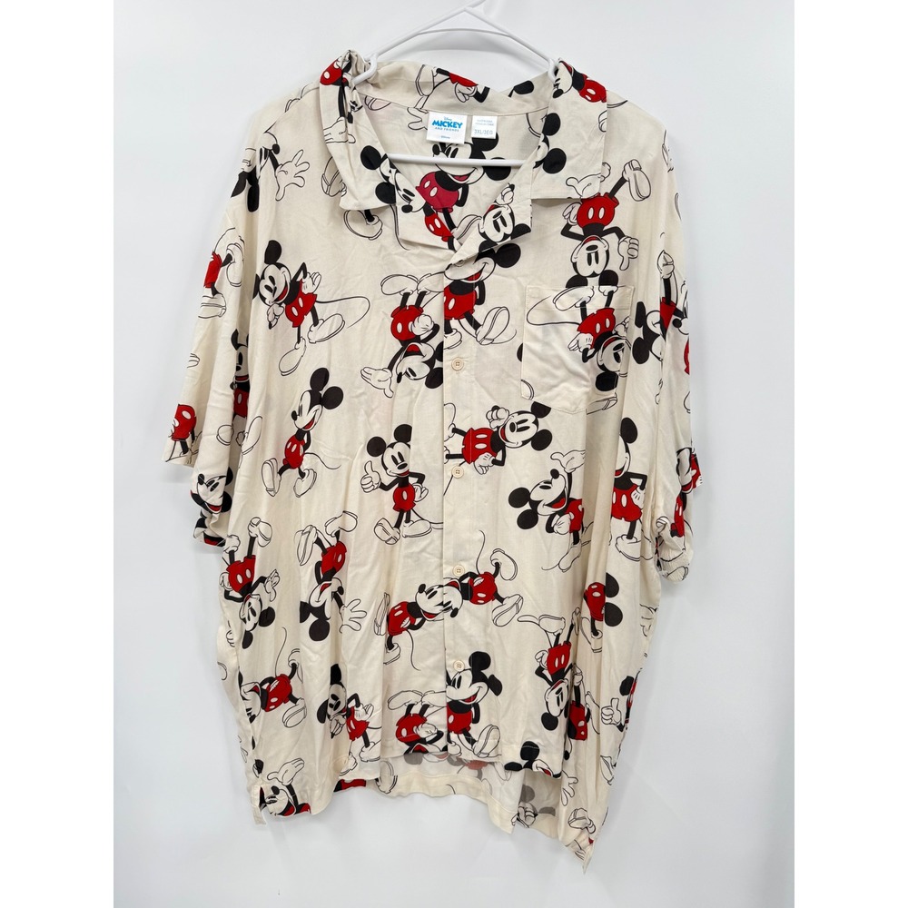 Disney 3XL Button Down Shirt Mens Cream Mickey Mouse All Over Print Rayon Camp